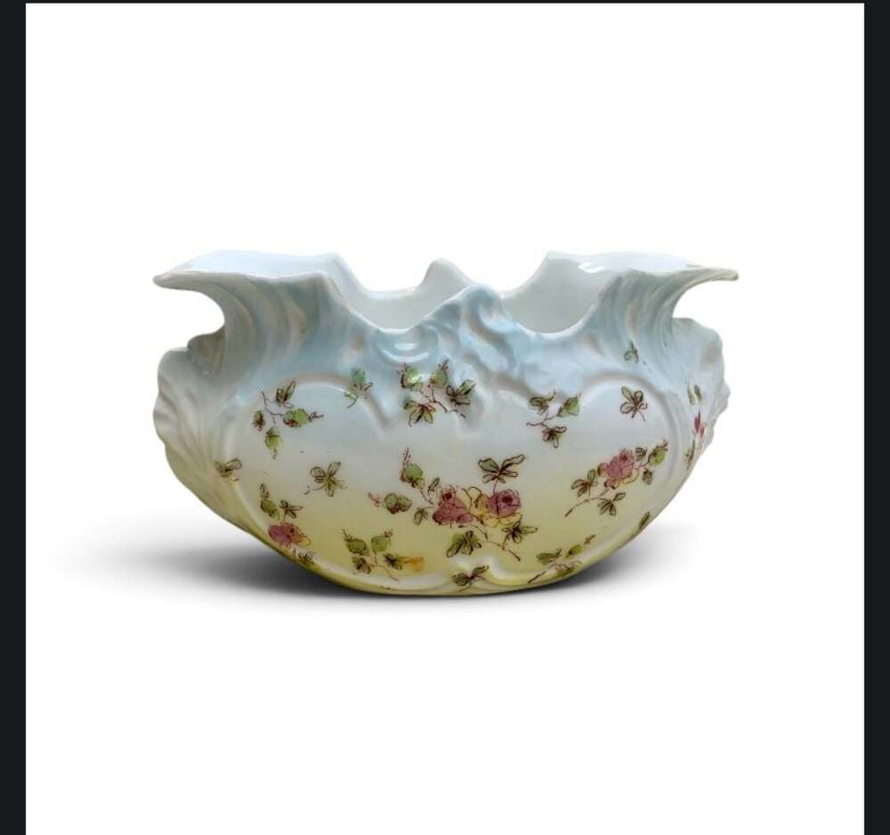 Vintage Porcelain Ruffled Floral Centerpiece Bowl with Gold Trim